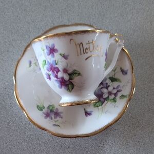 Purple Floral Gold-Trimmed Teacup and Saucer